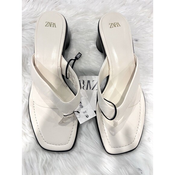 Zara Strappy Toe Block Heeled Leather Sandals Off White Thong Women US 10 EUR 41 - Picture 4 of 11
